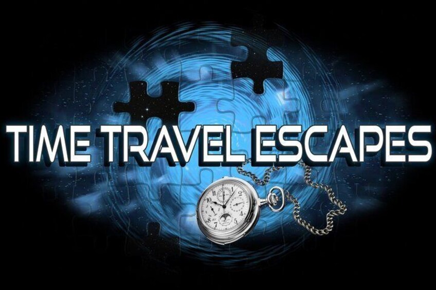 A pocket watch, a chain, and the text 'TIME TRAVEL ESCAPES' against a blue background with puzzle pieces. 2