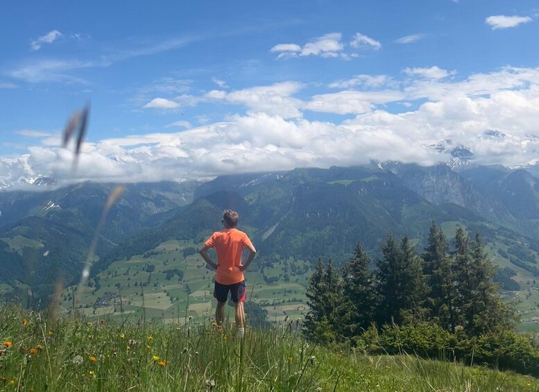 A person standing on a grassy hill overlooking a mountainous landscape with snow-capped peaks and a clear blue sky. 1