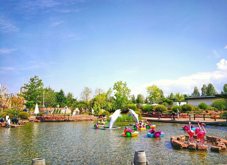 A water park with inflatable boats, flamingos, and penguins. 2
