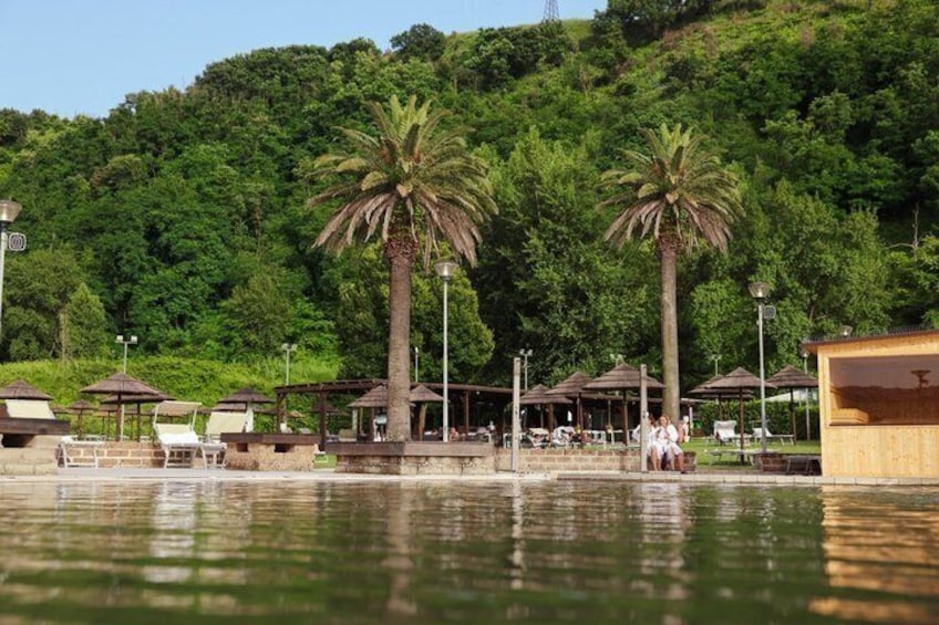 A poolside area with palm trees, lounge chairs, and a wooden structure. 3
