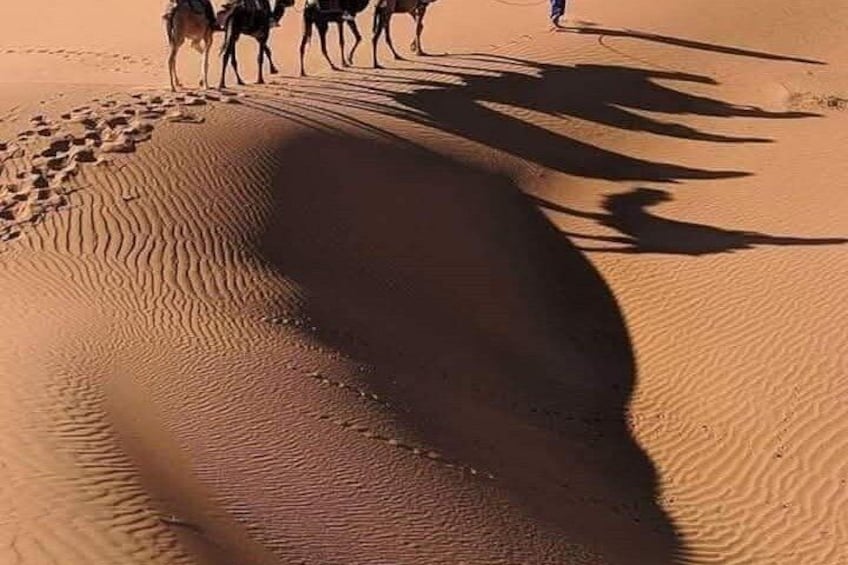 A desert landscape with sand dunes and footprints. 1