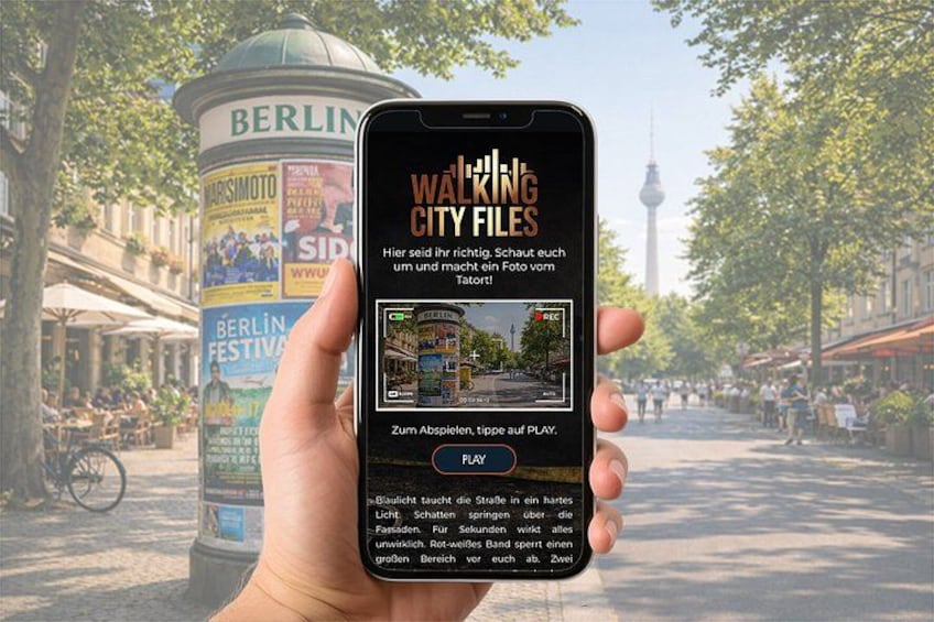 Un teléfono inteligente mostrando una aplicación de rutas urbanas con una vista de la calle en Berlín. 1
