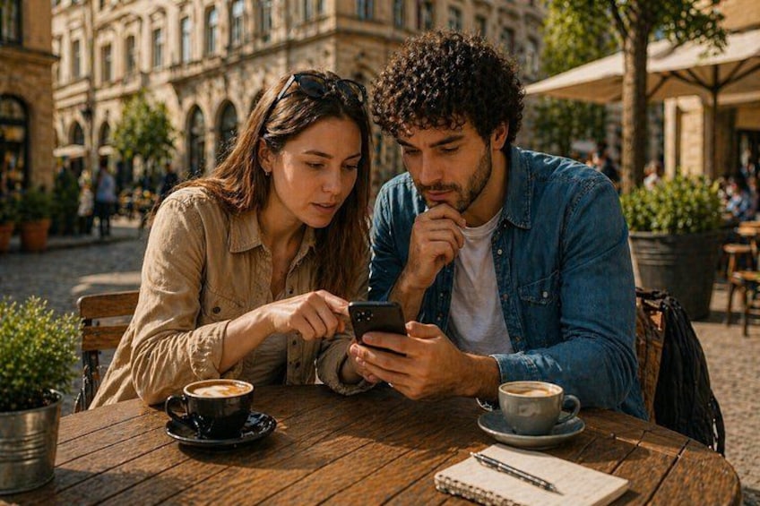 Dos personas sentadas en una mesa de madera al aire libre, una sosteniendo un teléfono inteligente. Hay tazas de café sobre la mesa, y un cuaderno con un bolígrafo. 2