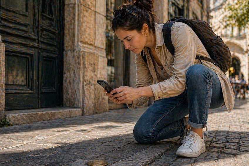 Una persona agachada en una calle adoquinada, mirando un teléfono inteligente. 5