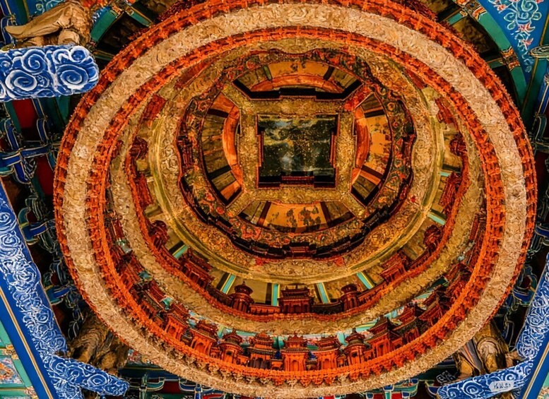 A detailed circular architectural design with concentric patterns and traditional motifs. 3