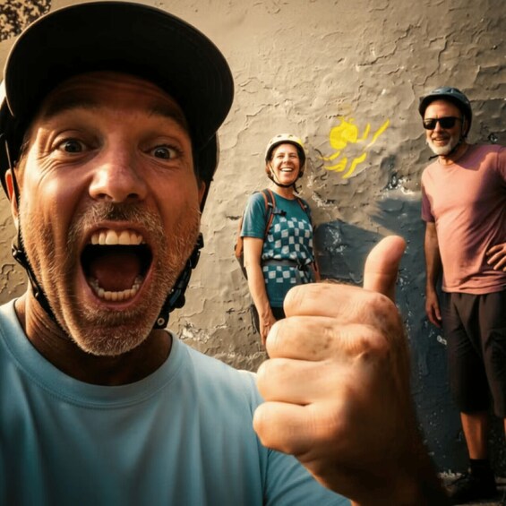A person giving a thumbs-up gesture, another person in a checkered shirt, and a third person in a pink shirt. 1