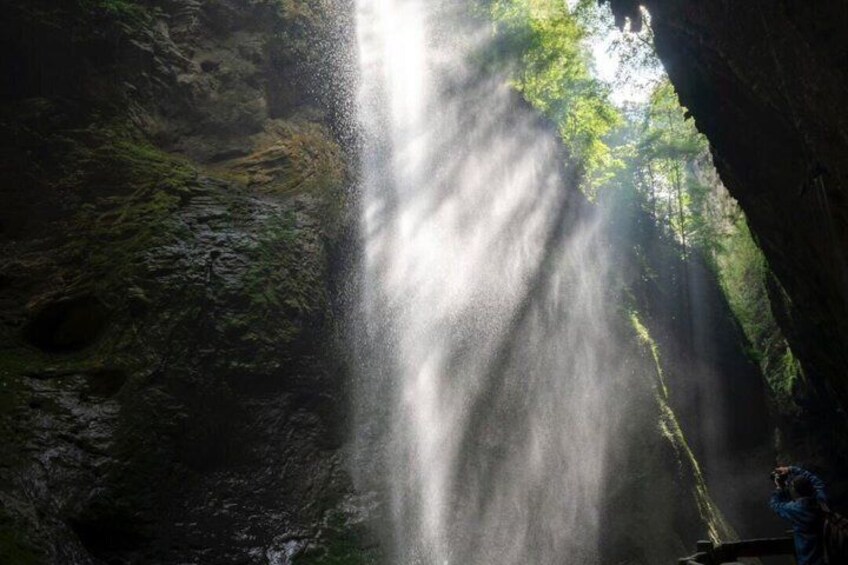A waterfall in a forested area with sunlight filtering through the trees. 4