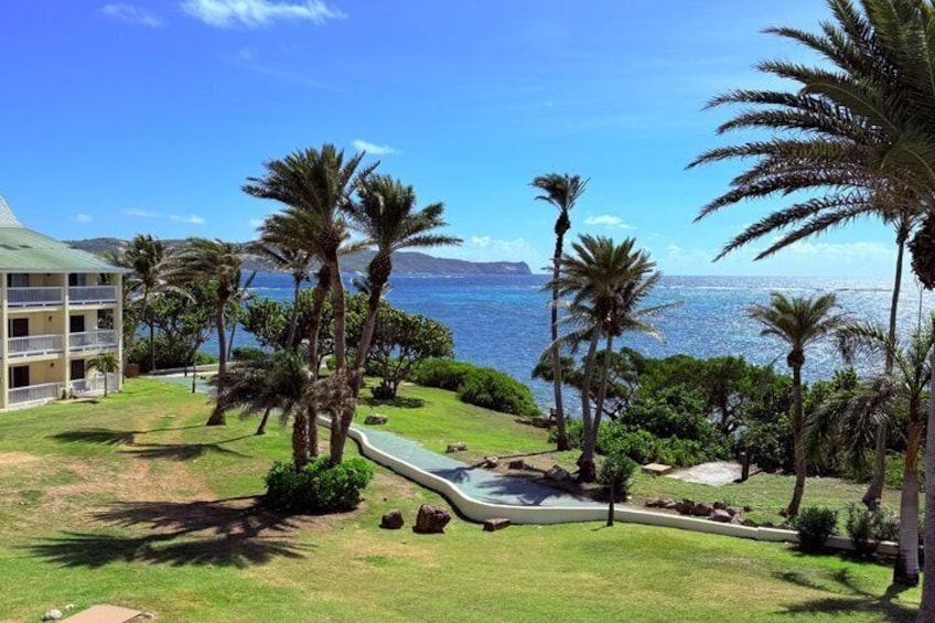 Un resort con piscina, palmeras y vista al océano. 2