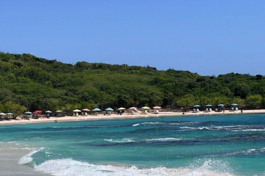 Una playa con aguas turquesas cristalinas, una orilla arenosa y un denso bosque verde al fondo. 5