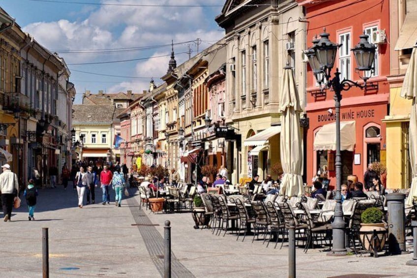 Une rue animée, bordée de cafés en terrasse, où l’on croise des piétons et où se dressent des bâtiments historiques. 4