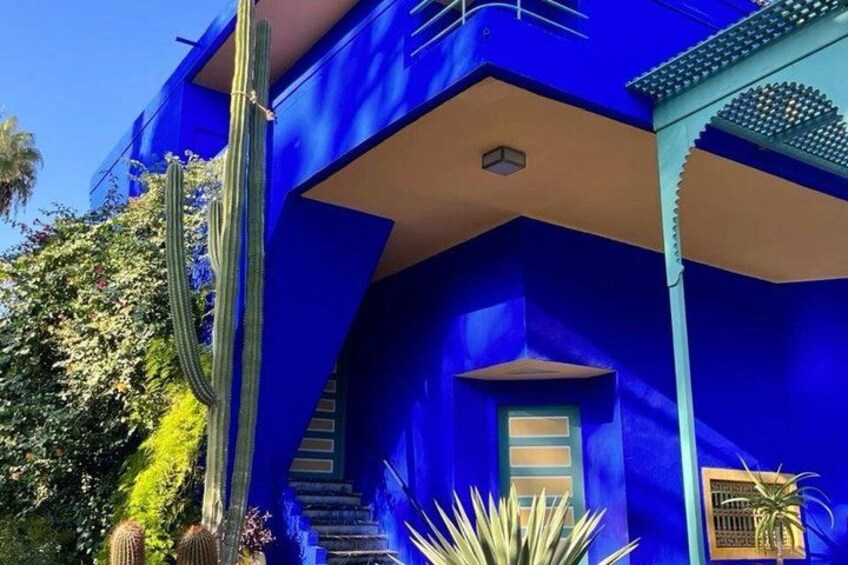 Un edificio azul con un cactus en primer plano. 2