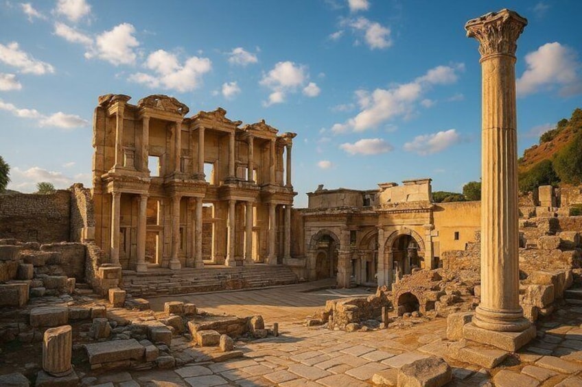 Des ruines antiques, avec des colonnes et des arches, un ciel dégagé et un sentier pavé de pierres. 2
