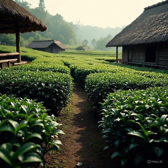 A tea plantation with rows of tea plants and traditional thatched-roof buildings. 5