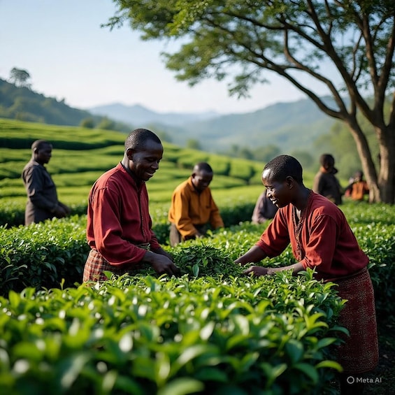 People harvesting tea leaves in a lush green field with hills in the background. 4
