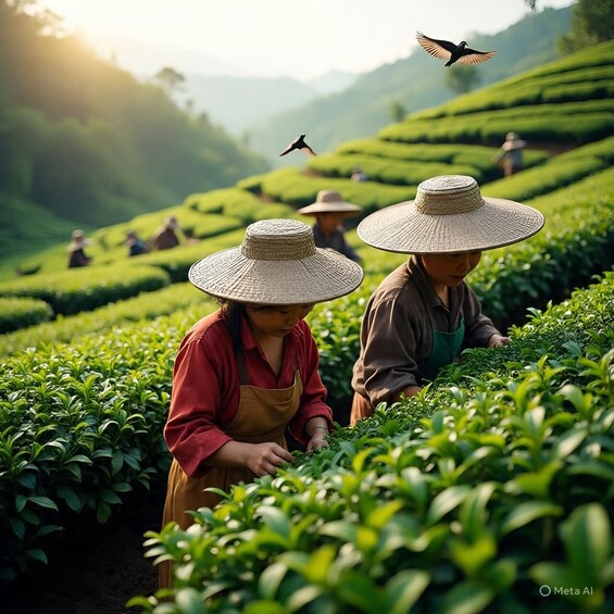 Two people harvesting tea leaves in a lush green tea plantation with a bird flying in the background. 3