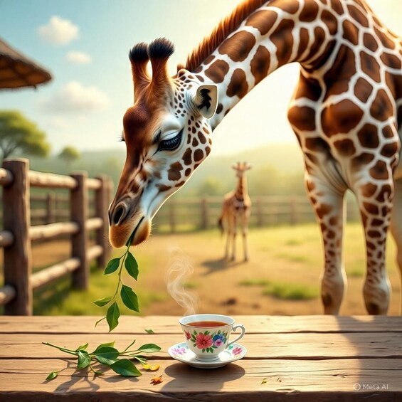 A giraffe eating leaves from a table with a cup of tea beside it. 2