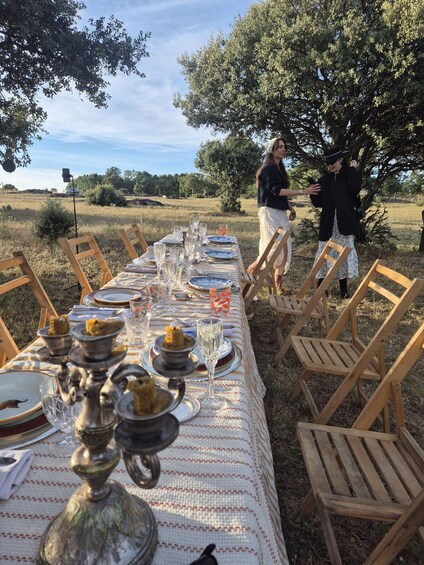 An outdoor dining setup with a table set for a meal, surrounded by chairs, in a grassy field with trees in the background. 4