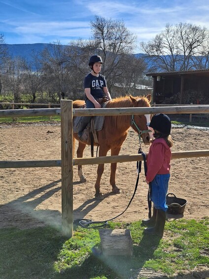 A person riding a horse in a fenced area with a mountainous background. 3