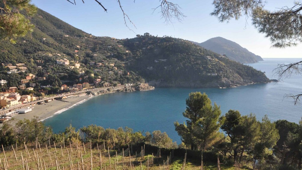 A coastal town with buildings on a hillside, a beach, and a clear blue sea. 1