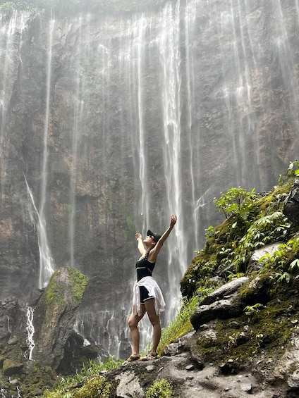 A person standing on a rock with arms raised, facing a waterfall. 3