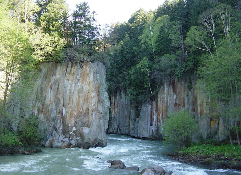 A river flowing through a forested gorge with rocky cliffs. 3