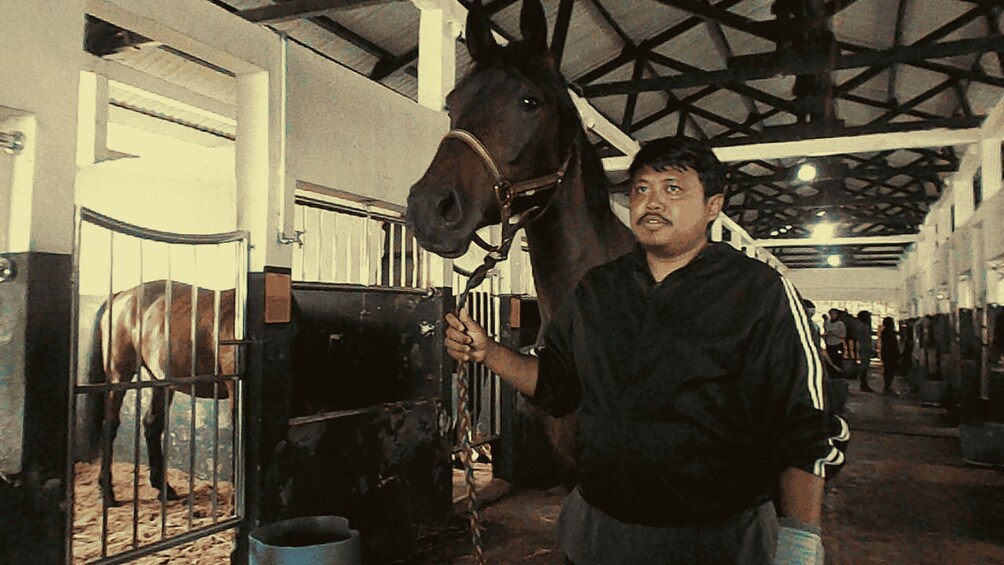 A man holding a horse's reins in a stable with other horses and people in the background. 2