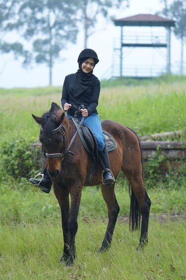 A person riding a horse in a grassy field with a wooden structure in the background. 1