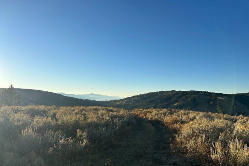 A clear sky, a dirt path, and rolling hills with sparse vegetation. 2