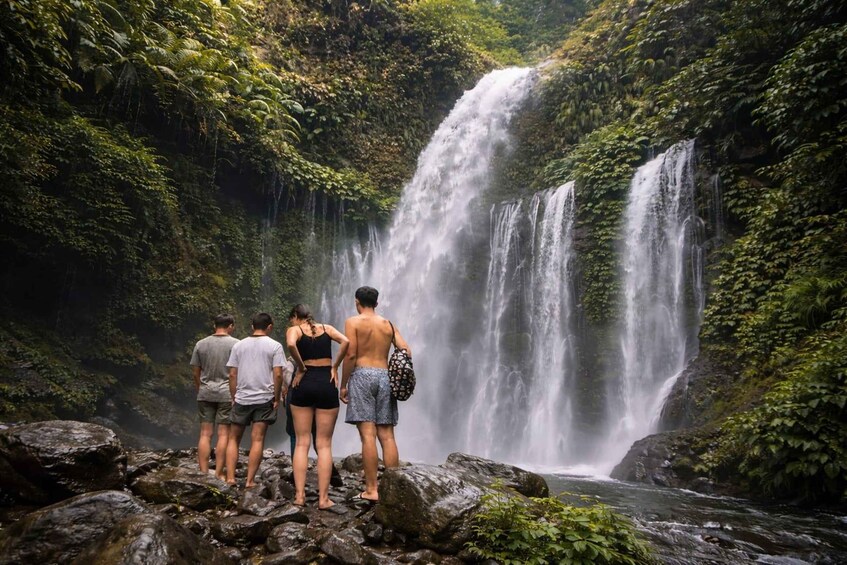 A group of people standing on rocks, looking at a waterfall in a forested area. 5
