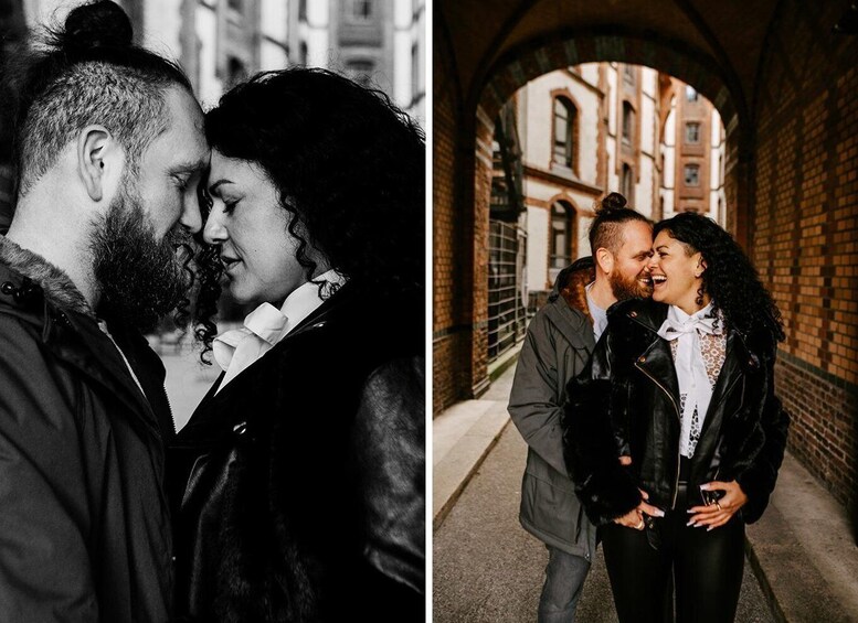 A couple embracing in a narrow alleyway with brick buildings. 5