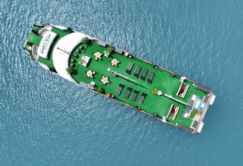 A large cruise ship with a green deck, multiple sun loungers, and a white hull. 5