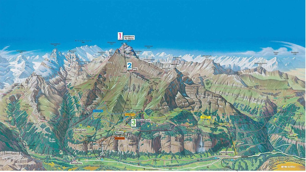 A detailed mountain map with peaks like Schilthorn and Piz Gloria, marked trails, and towns like Lauterbrunnen. 4