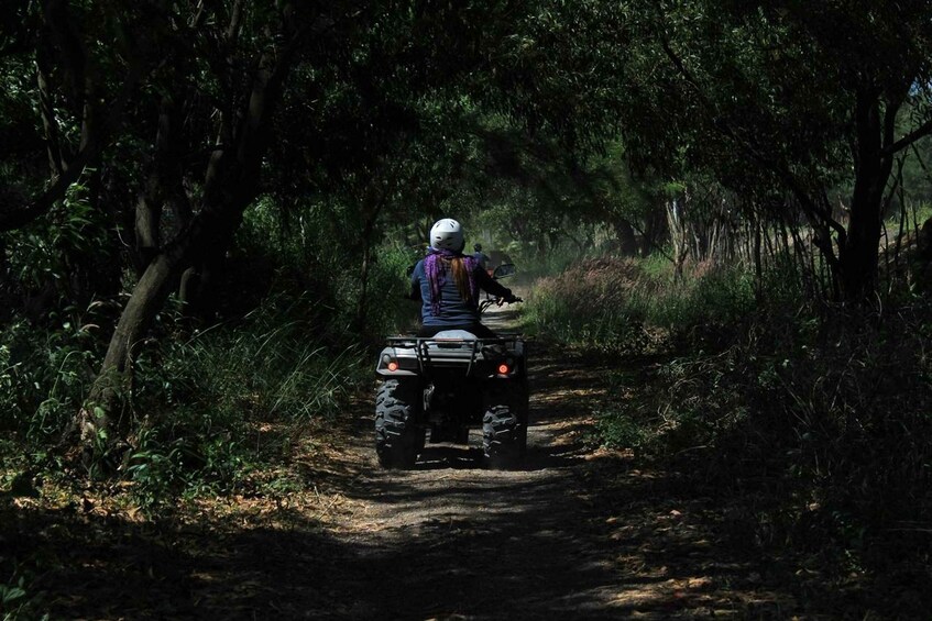 A person riding an ATV on a narrow forest trail. 3
