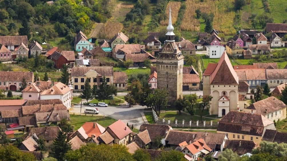 A historic village with traditional architecture, a prominent church, and a castle. 2