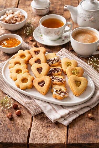 A plate of heart-shaped cookies with various toppings, a teapot, cups of tea, and a rustic wooden table. 2