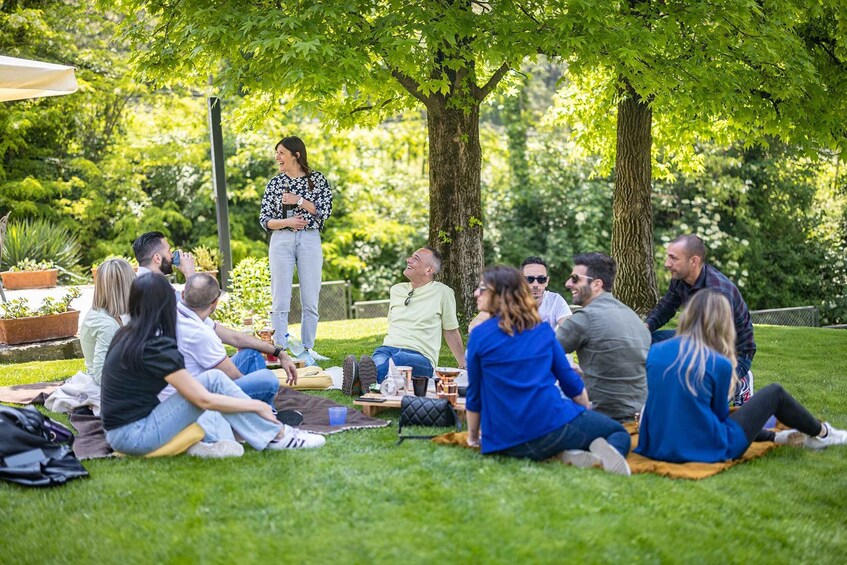 A group of people sitting on a blanket in a park with trees and grass. 4