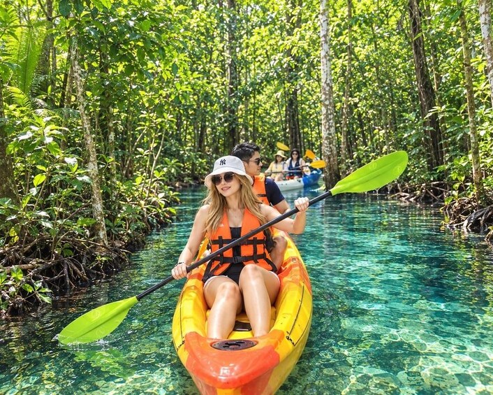 A person kayaking in a mangrove forest. 1
