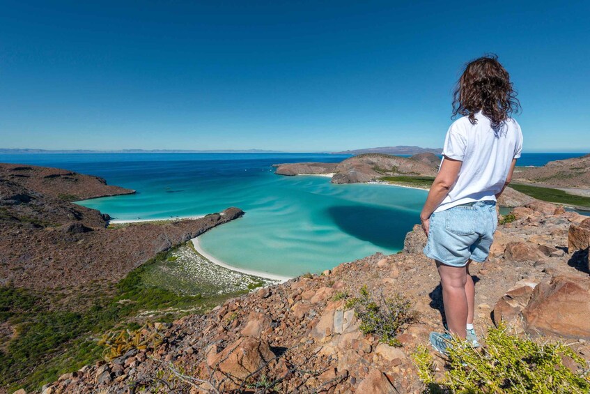A person standing on a rocky outcrop overlooking a turquoise bay with clear skies. 1