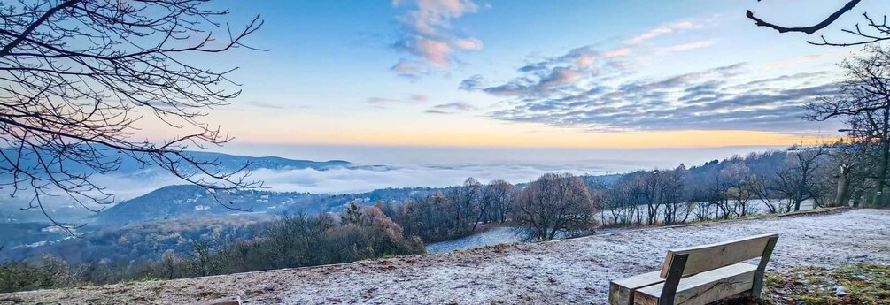 A bench overlooking a valley with a distant mountain range and a clear sky. 5