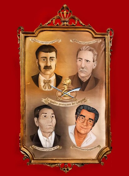 A framed portrait with four individuals, each labeled with a name and a date range. 3