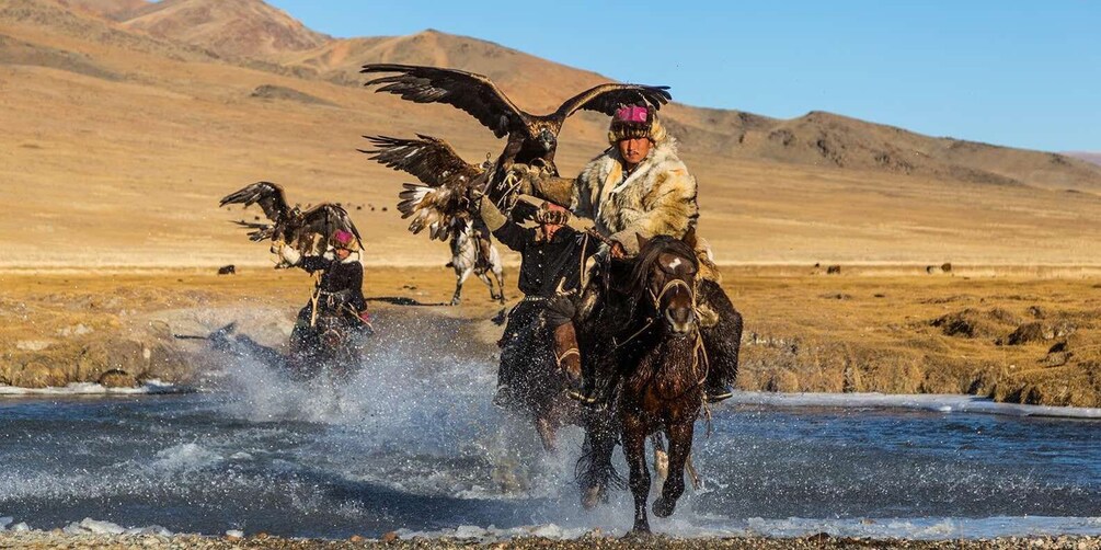 A person on horseback with an eagle perched on their arm, in a dry, open landscape with mountains in the background. 5