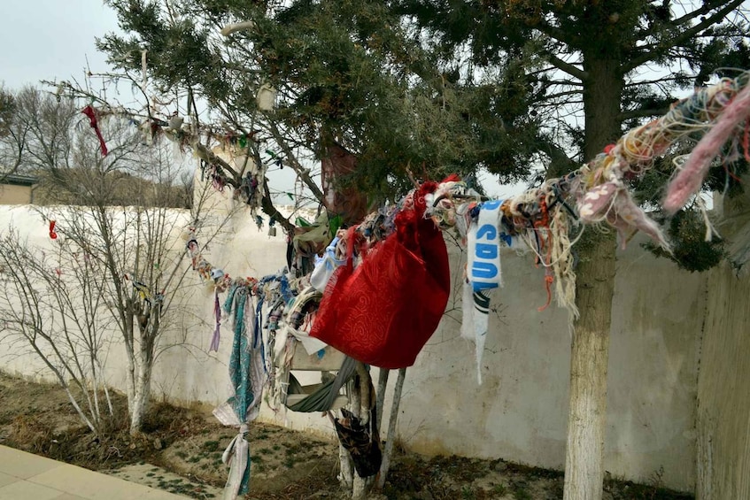 A tree with colorful ribbons and a red bag tied to it. 5