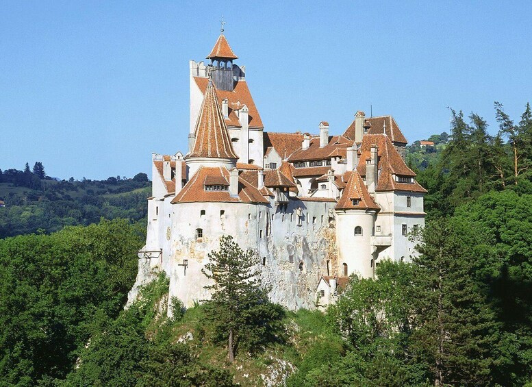 A large, historic castle surrounded by lush greenery. 2