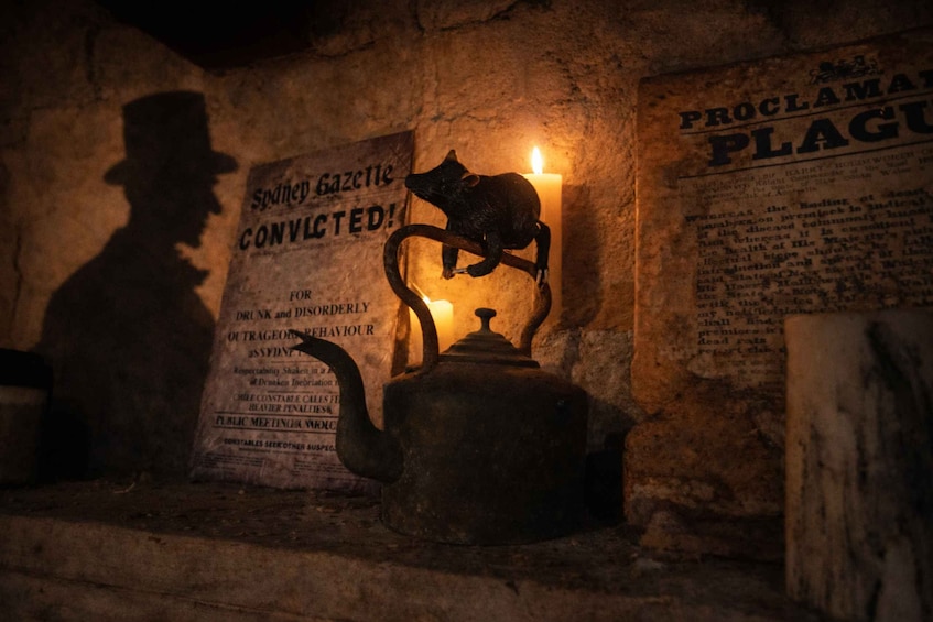 A wall with a rat on a candle, a shadow of a man, and a poster about a Sydney Gazette conviction. 4