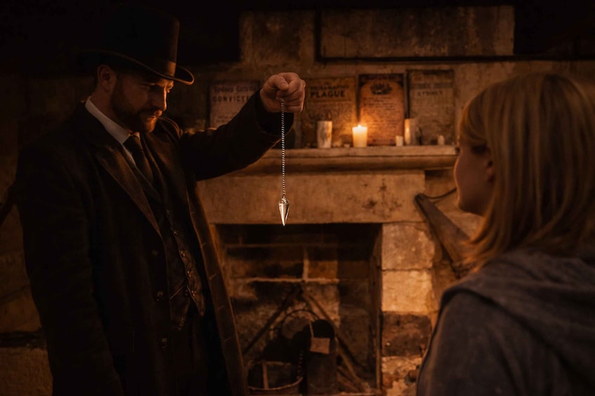 A man in a suit holding a chain, standing in front of a fireplace with a candle and a sign that reads 'CONFISCATION PLAGUE.' 2