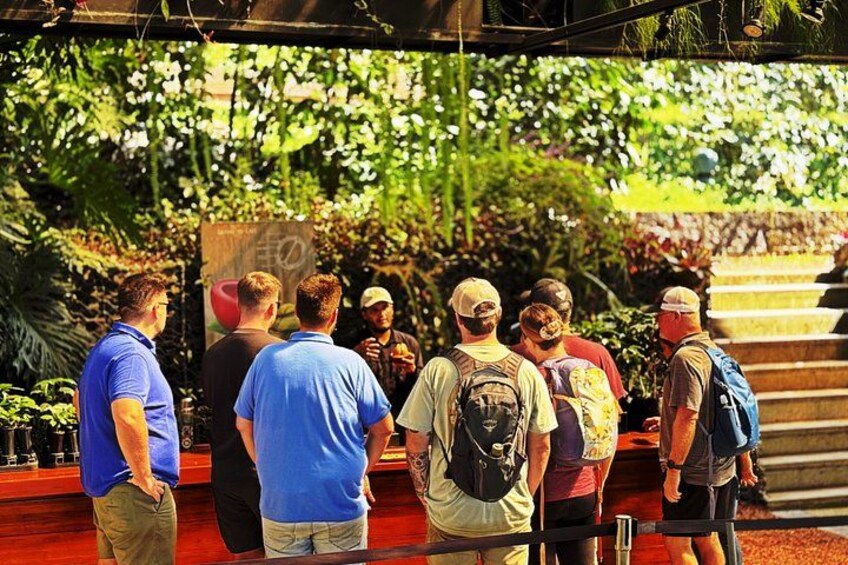 A group of people standing outdoors, possibly at a park or garden, with greenery and a red structure in the background. 4