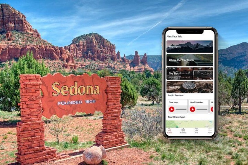 En smartphone som visar en reseplaneringsapp med en vacker bakgrundsbild av Sedonas röda klippformationer. 2