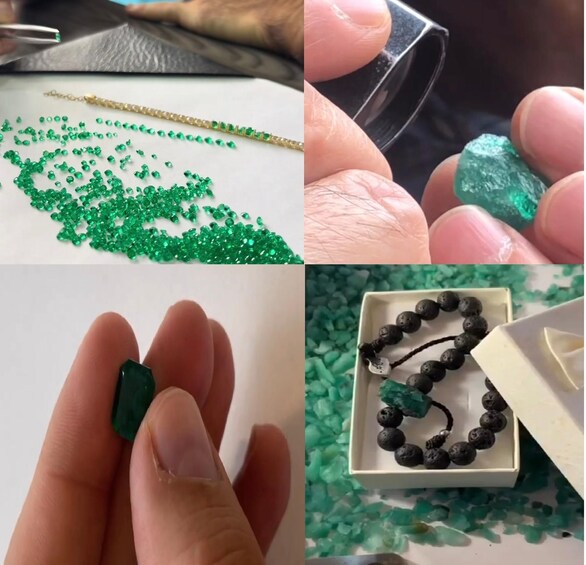 A hand holding a green gemstone, a string of green beads, a bracelet with black beads, and a box with a white interior. 4