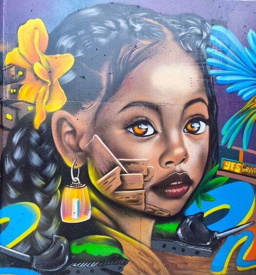 A mural with a woman, a yellow flower, a lantern, and a sign that says 'YES GRAFT'. 1