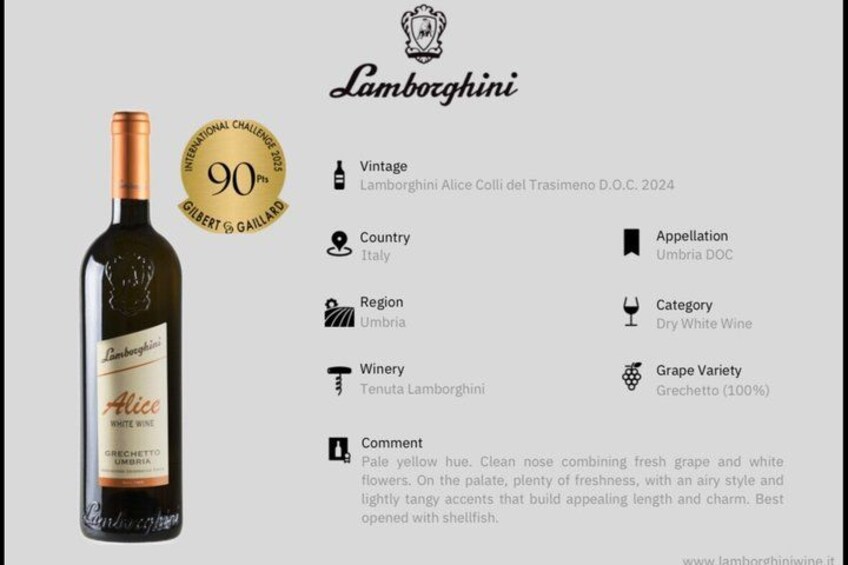 A bottle of Lamborghini Alice wine with a label indicating it is a 2024 vintage from Italy, specifically from the Umbria region, produced by Tenuta Lamborghini winery. 3